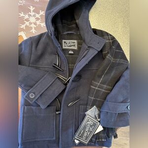 Rothschild Men's Dark Blue Pea Coat with Plaid Detail